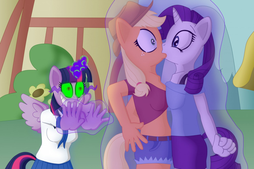 2018 5_fingers anthro anthrofied applejack_(mlp) blonde_hair bottomwear breast_squish breasts breasts_frottage clothed clothing cutoffs daisy_dukes dark_magic denim denim_clothing digital_media_(artwork) earth_pony equid equine female female/female fingers forced forced_kiss freckles friendship_is_magic green_sclera grin group hair hasbro horn horse hotpants kiss_on_lips kissing magic magic_user mammal midriff my_little_pony now_kiss orange_body plant pony ponyville princess_twilight_sparkle_(mlp) pupils purple_body purple_hair rarity_(mlp) sergeant16bit shirt shorts shrub small_pupils smile spread_wings squish topwear trio twilight_sparkle_(mlp) unicorn white_body wide_eyed wing_boner winged_unicorn wings