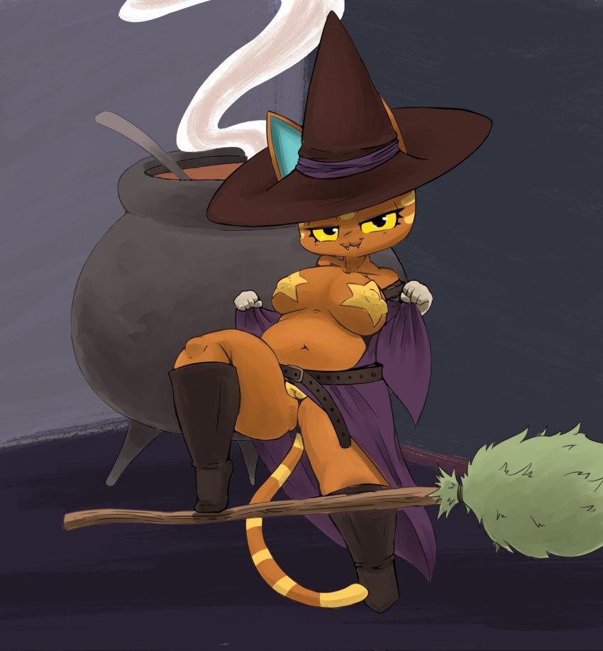 animal_crossing anthro belt big_breasts boots breasts broom brown_body cauldron cleaning_tool clothed clothing digital_media_(artwork) domestic_cat fangs felid feline felis female footwear fur genitals hat headgear headwear hi_res katt_(animal_crossing) legwear looking_at_viewer mammal navel nintendo pasties pussy simple_background slightly_chubby smile solo steam thick_thighs video_games vono witch_costume witch_hat