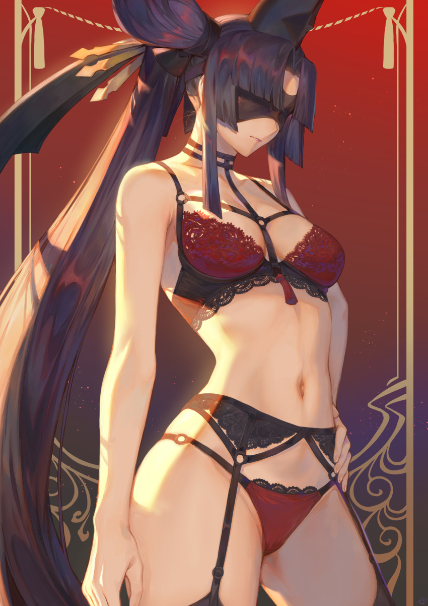 1girl arm_at_side black_choker black_garter_belt black_hair black_thighhighs blindfold bra breasts choker closed_mouth fate/grand_order fate_(series) garter_belt hair_bun hair_ornament hair_stick hand_on_hip hat highres lace-trimmed_bra lace-trimmed_panties lace_trim lingerie mashuu_(neko_no_oyashiro) medium_breasts navel panties red_background red_bra red_panties side_ponytail single_side_bun solo stomach taira_no_kagekiyo_(fate) tate_eboshi thighhighs underwear underwear_only ushiwakamaru_(fate)