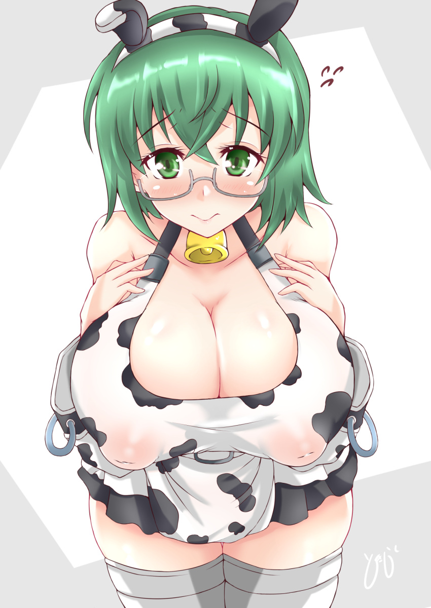 1girl animal_ears animal_print bangs bell blush breasts cleavage covered_nipples cow_ears cow_girl cow_print cowbell glasses green_eyes green_hair highres huge_breasts infinite_stratos looking_at_viewer neck_bell puffy_nipples signature simple_background solo thighhighs tokiziku white_thighhighs yamada_maya_(infinite_stratos)