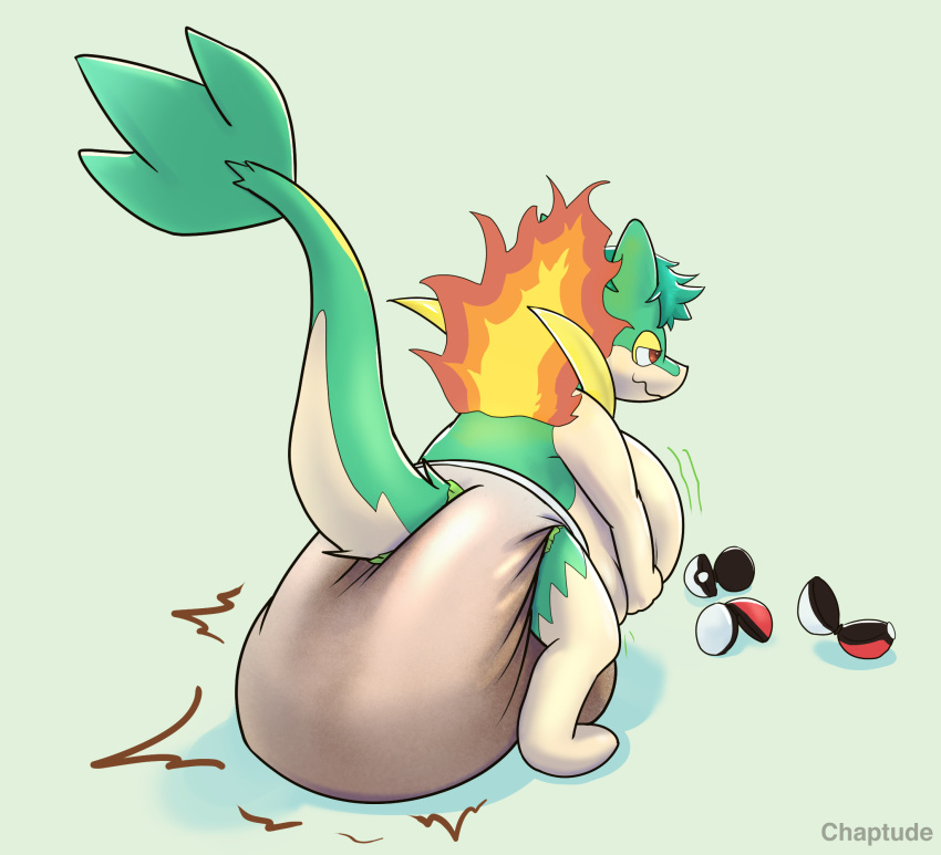 2022 after_vore anthro chaptude diaper diaper_disposal diaper_fetish digestion disposal fatal_vore feces fire flaming_hair flaming_mane green_background green_body hi_res hybrid messy_diaper nintendo pokeball pokemon pooping pseudo_hair pseudo_mane rumbling_stomach scat simple_background soiled_diaper soiling soiling_diaper solo video_games vore