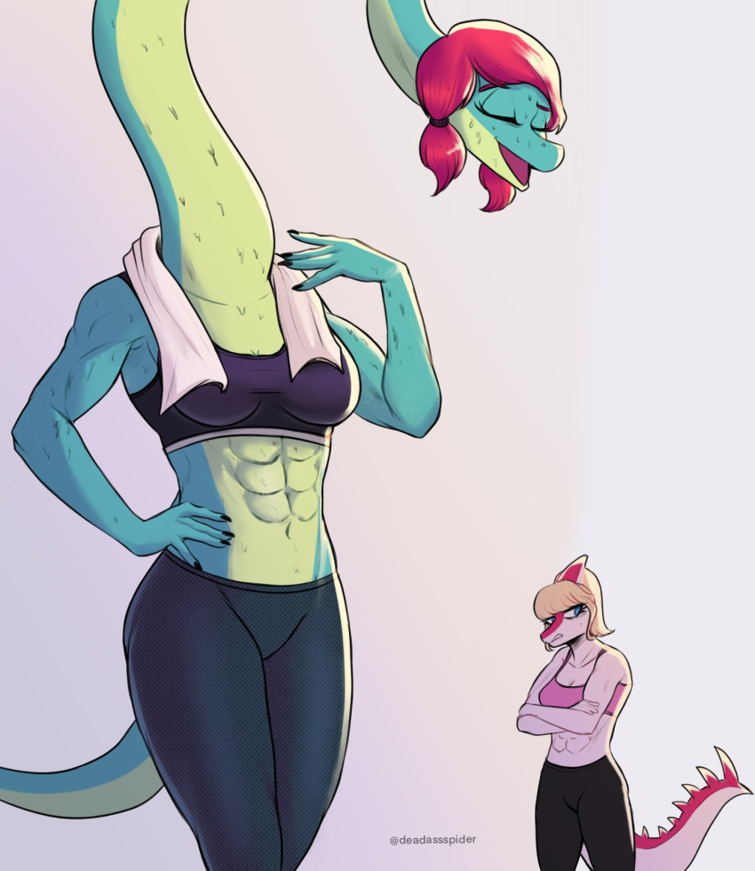 abs anthro black_fingernails blonde_hair blue_body blue_eyes bodily_fluids bra brachiosaurid brachiosaurus breasts cleavage clenched_teeth clothed clothing crop_top crossed_arms deadassspider dinosaur duo exercise eyebrows female hadrosaurid hair hi_res i_wani_hug_that_gator liz_(iwhtg) long_neck long_tail mia_(iwhtg) midriff multicolored_body muscular muscular_anthro muscular_female navel open_mouth ornithischian parasaurolophus pink_body ponytail raised_eyebrow red_hair reptile sauropod scalie shirt simple_background solo_focus spikes spikes_(anatomy) sports_bra sportswear sweat sweaty_body teeth tight_clothing topwear towel towel_around_neck two_tone_body uncomfortable uncomfortable_pose underwear white_background workout workout_clothing