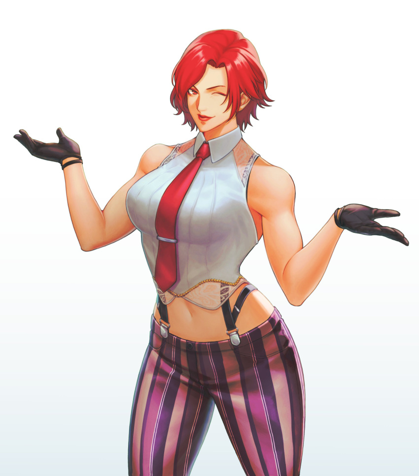 1girl ;) absurdres black_gloves breasts collared_shirt commission gloves highres ktovhinao large_breasts looking_at_viewer navel necktie one_eye_closed pants red_eyes red_hair red_necktie shirt sleeveless sleeveless_shirt smile solo striped striped_pants suspenders the_king_of_fighters the_king_of_fighters_xv vanessa_(kof) white_shirt