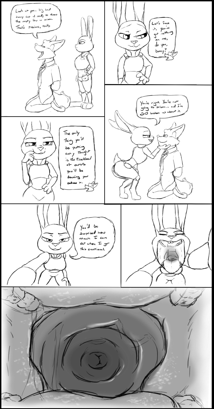 2018 absurd_res anthro bodily_fluids breasts canid canine close-up clothing dialogue disney english_text female fox hi_res imminent_vore judy_hopps lagomorph leporid male mammal monochrome mouth_shot necktie nick_wilde open_mouth rabbit saliva scut_tail short_tail silent_e smile teeth text tongue tongue_out zootopia