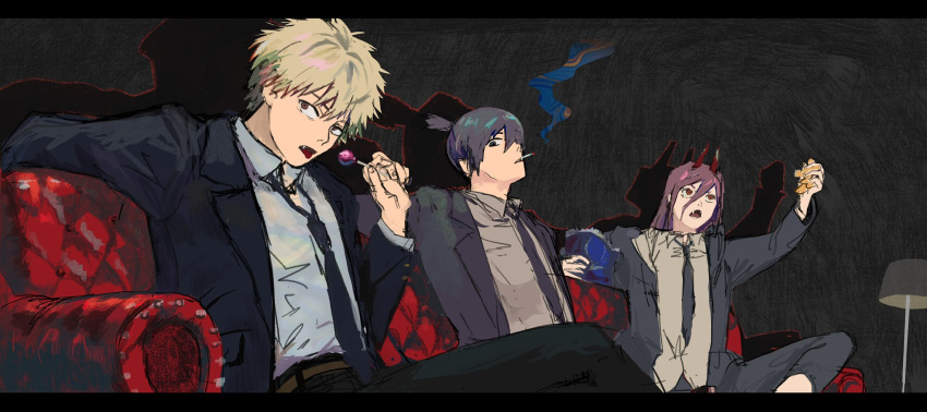 1girl 2boys belt black_hair black_jacket black_necktie blonde_hair candy chainsaw_man chips_(food) cigarette collared_shirt couch dark_background denji_(chainsaw_man) fangs food hair_between_eyes hayakawa_aki highres holding holding_candy holding_food holding_lollipop horns jacket lamp lollipop long_hair looking_at_viewer looking_up multiple_boys necktie on_couch power_(chainsaw_man) purple_hair red_horns shadow shinamoku00 shirt short_hair smoke smoking spiked_hair tongue tongue_out white_shirt