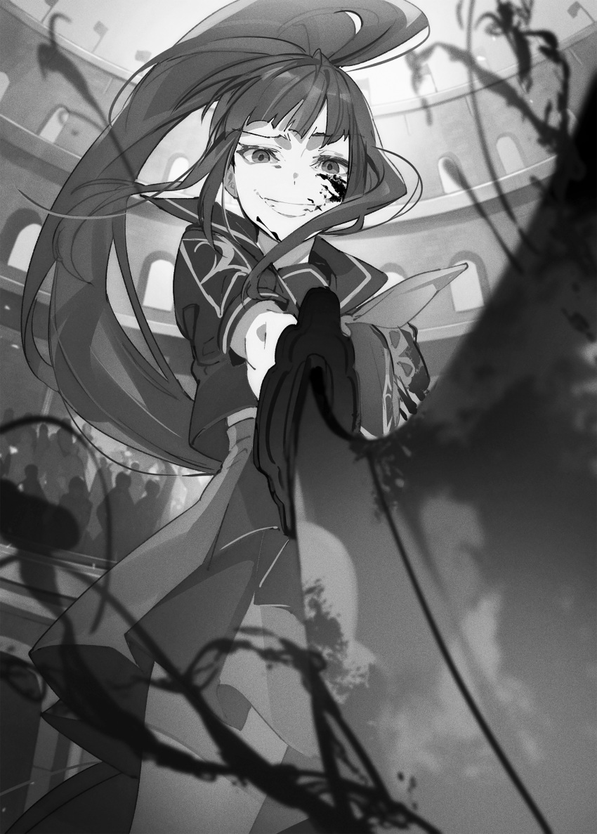 1girl absurdres bangs black_hair black_skirt blood blood_on_face evil_smile highres holding holding_weapon jin_(homuseka) long_hair mika_pikazo monochrome neckerchief novel_illustration official_art open_mouth pleated_skirt sailor_collar school_uniform serafuku shirt short_sleeves skirt smile solo standing sword very_long_hair waga_homura_ni_hirefuse_sekai weapon