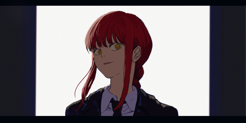 1girl bangs black_necktie braid braided_ponytail chainsaw_man collared_shirt formal head_tilt highres letterboxed light looking_at_viewer makima_(chainsaw_man) medium_hair necktie red_hair ringed_eyes shinamoku00 shirt sidelocks simple_background smile solo suit white_background white_shirt yellow_eyes