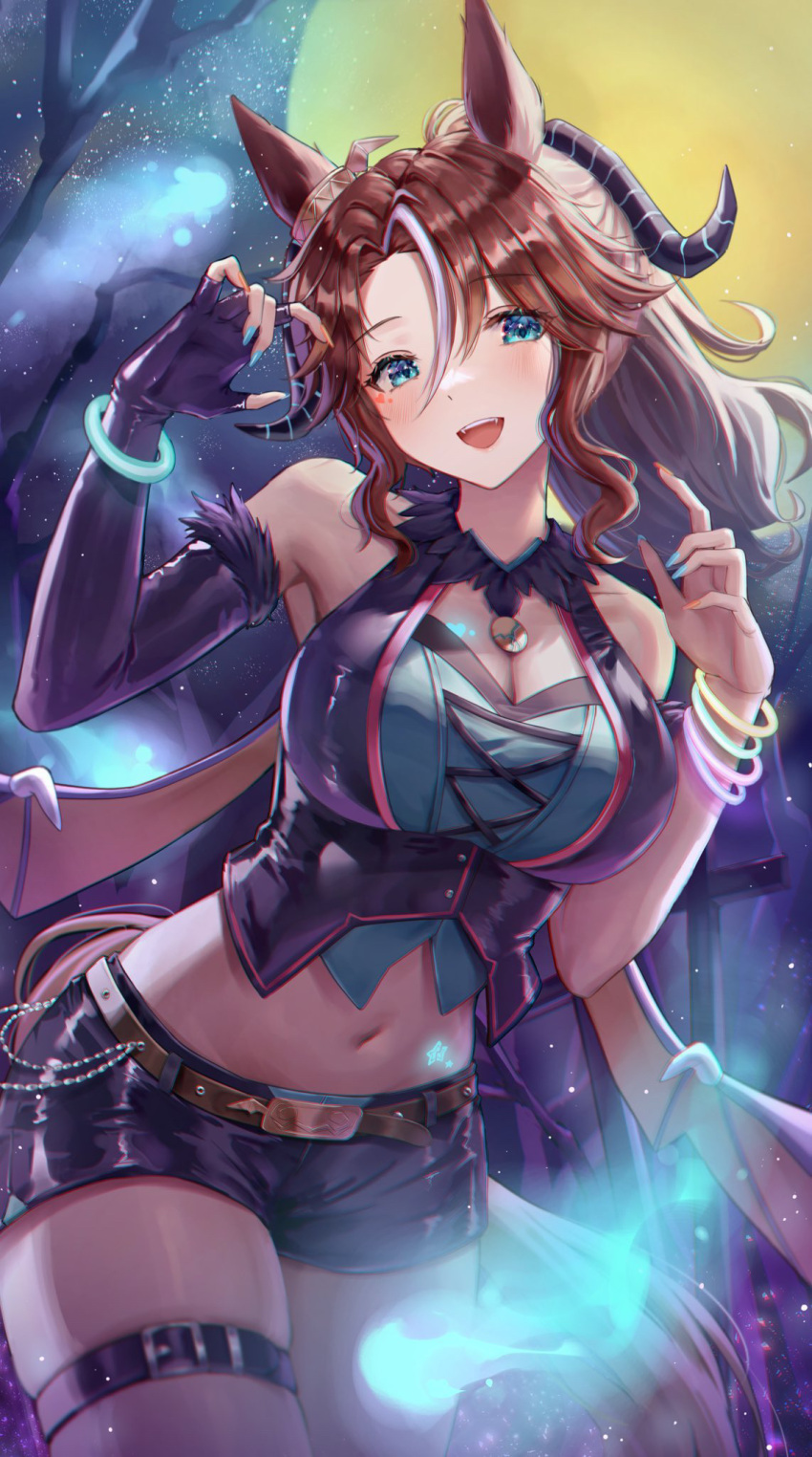 1girl :d animal_ears bangle bare_shoulders bare_tree belt blue_eyes bracelet breasts brown_hair claw_pose cleavage cowboy_shot cropped_vest cross days_in_a_flash_(umamusume) demon_horns demon_wings elbow_gloves fangs fingerless_gloves full_moon fur-trimmed_gloves fur_trim gloves halloween heart heart_tattoo highres hitodama horns horse_ears horse_girl jewelry large_breasts long_hair looking_at_viewer mejiro_palmer_(devil_in_the_moonlight)_(umamusume) mejiro_palmer_(umamusume) midriff moon multicolored_hair multicolored_nails nail_polish navel night night_sky ponytail short_shorts shorts sidelocks single_elbow_glove single_fingerless_glove skindentation sky smile solo star_(sky) star_tattoo starry_sky streaked_hair tattoo teeth thigh_belt thigh_strap tree umamusume upper_teeth vest wings yoimoriyoru
