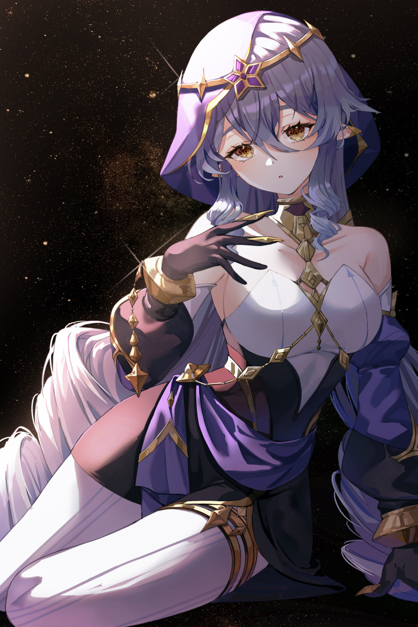 1girl absurdres bangs bare_shoulders black_gloves black_sky blue_hair blush bodysuit breasts brown_bodysuit choker collarbone crystal detached_sleeves diadem drill_hair flower genshin_impact gloves gold gold_choker hair_between_eyes hair_flower hair_ornament hand_up highres jewelry juliet_sleeves layla_(genshin_impact) long_hair long_sleeves looking_at_viewer medium_breasts night night_sky open_mouth pointy_ears puffy_detached_sleeves puffy_long_sleeves puffy_sleeves purple_flower sidelocks sitting sky solo space sparkle star_(sky) starry_sky thighhighs twintails ueng white_bodysuit white_thighhighs yellow_eyes