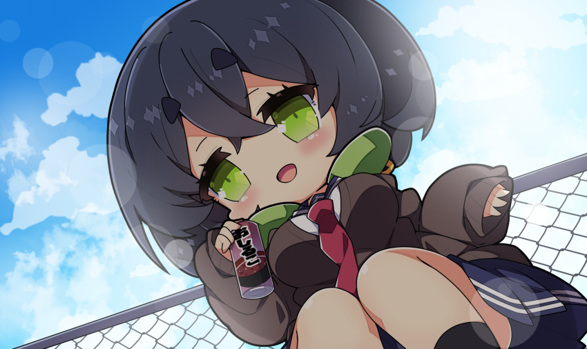 1girl :d bangs black_hair black_socks blue_sailor_collar blue_skirt blue_sky blush breasts brown_cardigan can cardigan chain-link_fence cloud cloudy_sky commentary_request day dutch_angle feet_out_of_frame fence from_below green_eyes hair_between_eyes headphones headphones_around_neck highres holding holding_can kyoumachi_seika large_breasts long_sleeves looking_at_viewer looking_down milkpanda necktie outdoors pleated_skirt puffy_long_sleeves puffy_sleeves red_necktie sailor_collar school_uniform serafuku shirt short_eyebrows skirt sky sleeves_past_wrists smile socks solo squatting thick_eyebrows voiceroid white_shirt