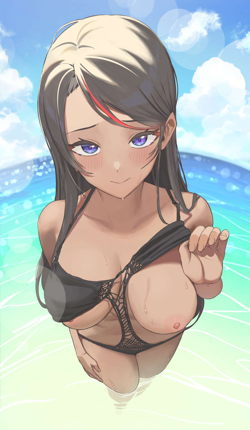 1girl absurdres bangs bare_shoulders black_hair black_one-piece_swimsuit blue_sky blush breasts breasts_apart casual_one-piece_swimsuit chestnut_mouth closed_mouth clothes_lift cloud cloudy_sky collarbone commission dark-skinned_female dark_skin day embarrassed english_commentary fisheye fishnets from_above groin hair_behind_ear halterneck hand_on_own_thigh hand_up highres horizon large_breasts lens_flare lifted_by_self long_hair looking_at_viewer multicolored_hair navel nipple_slip nipples ocean one-piece_swimsuit one_breast_out original outdoors parted_lips perspective purple_eyes raised_eyebrows red_hair sideless_outfit sky smile solo standing straight_hair streaked_hair swept_bangs swimsuit swimsuit_lift thighs twin_(tt_lsh) two-tone_hair upturned_eyes wading water wet