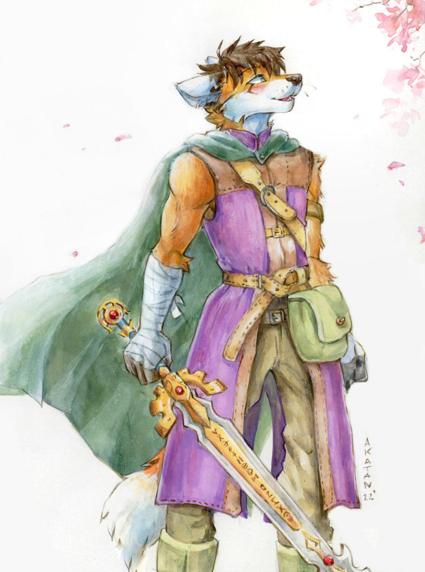 2022 akatan_(character) akatan_art anthro arm_tuft blue_eyes blush bottomwear brown_clothing brown_hair canid cheek_tuft clothed clothing dated facial_tuft fur glistening glistening_eyes hair hi_res holding_object holding_sword holding_weapon male mammal melee_weapon open_mouth open_smile orange_body orange_fur pants portrait purple_clothing red_tongue short_hair shoulder_tuft signature simple_background smile solo standing sword three-quarter_portrait tongue tuft weapon white_background white_body white_fur