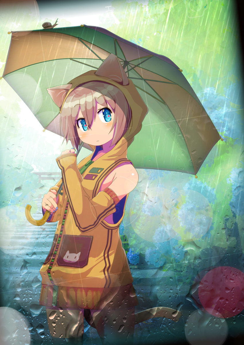 1girl absurdres animal_ears bare_shoulders blue_eyes cat_ears cat_girl cat_tail closed_mouth commentary_request detached_sleeves flower hair_between_eyes highres holding holding_umbrella hood hoodie hydrangea light_brown_hair looking_at_viewer mishiki_sakana multicolored_umbrella original rain short_hair sleeveless sleeveless_hoodie solo tail umbrella water_drop yellow_hoodie