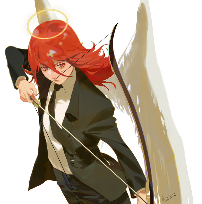 1boy angel angel_devil_(chainsaw_man) angel_wings black_jacket black_necktie black_pants bow_(weapon) chainsaw_man collared_shirt drawing_bow formal hair_between_eyes halo holding holding_bow_(weapon) holding_weapon jacket long_hair malizce necktie pants red_eyes red_hair shirt simple_background solo suit weapon white_background white_shirt wings