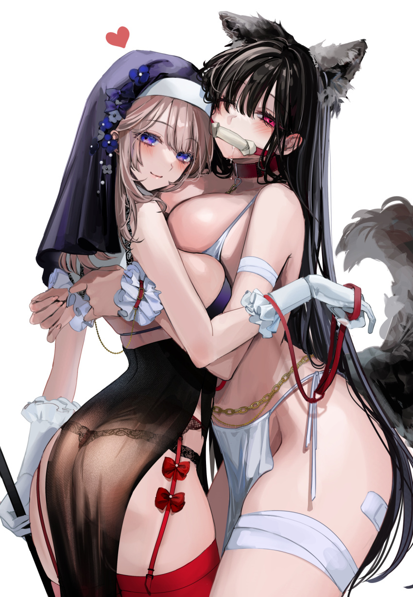 2girls animal_ears bandaged_arm bandaged_leg bandages breast_press breasts cowboy_shot dog_ears dog_girl dog_tail gag habit highres holding holding_leash kandzume_(kandume200) large_breasts leash long_hair looking_at_viewer multiple_girls original pelvic_curtain pet_play red_garter_belt simple_background smile tail thighhighs thighs white_background yuri