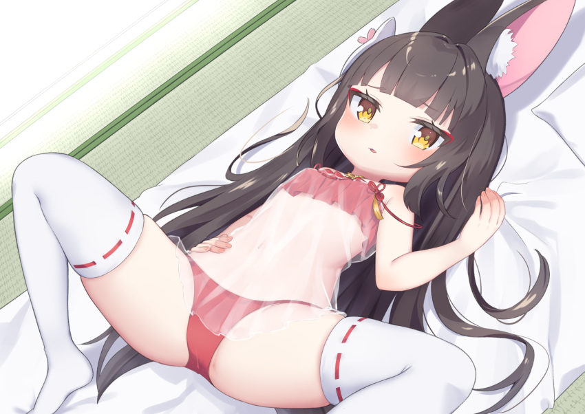 1girl animal_ear_fluff animal_ears azur_lane bare_arms bare_shoulders black_hair blush brown_eyes commentary_request fox_ears hand_up kokone_(coconeeeco) long_hair lying mask mask_on_head nagato_(azur_lane) nagato_(great_fox's_respite)_(azur_lane) navel no_shoes on_back panties parted_lips red_panties ribbon-trimmed_legwear ribbon_trim see-through solo spread_legs strap_slip tatami thighhighs underwear very_long_hair white_thighhighs