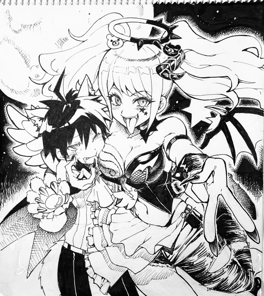 1boy 1girl ahoge angel_and_devil angel_wings bangs bare_shoulders bear_hair_ornament blush breasts cheek-to-breast cleavage collarbone danganronpa:_trigger_happy_havoc danganronpa_(series) demon_wings enoshima_junko fang fingernails greyscale hair_ornament halo highres holding horns large_breasts leotard long_hair looking_at_another monochrome naegi_makoto nail_polish navel one_eye_closed pants sharp_fingernails shiny shiny_hair single_horn smile spiked_halo star_tattoo stomach sweat tattoo teeth tongue tongue_out torn_clothes torn_pants tsunemi_aosa twintails two-tone_background upper_teeth v wings