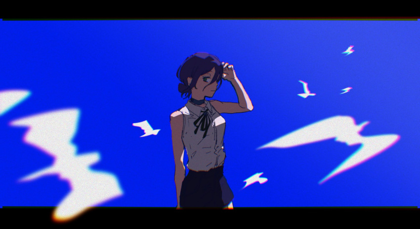 1girl bird black_choker black_ribbon blue_background blue_theme chainsaw_man choker chromatic_aberration collared_shirt green_eyes hair_between_eyes highres letter looking_at_viewer motion_blur purple_hair reze_(chainsaw_man) ribbon shinamoku00 shirt short_hair simple_background sleeveless solo white_shirt