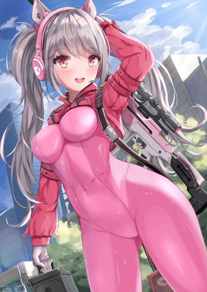 absurdres alice_(nikke) ammunition_box blue_sky bodysuit breasts cat_ear_headphones cityscape cloud cowboy_shot cropped_jacket doromii goddess_of_victory:_nikke grey_hair gun headphones highres jacket large_breasts pink_bodysuit pink_jacket red_eyes rifle sign sky sniper_rifle sniper_scope tree twintails weapon