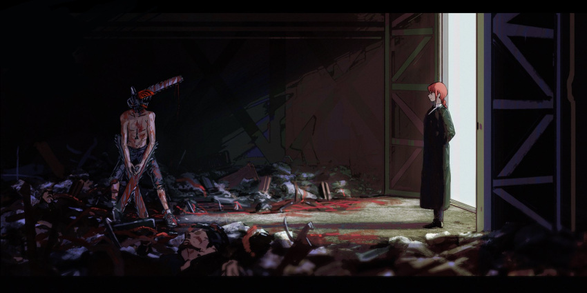 1boy 1girl black_necktie blood blood_on_clothes blood_on_weapon blood_splatter braid braided_ponytail chainsaw chainsaw_man corpse dark death denji_(chainsaw_man) formal highres hybrid letterboxed long_coat looking_at_another makima_(chainsaw_man) medium_hair necktie open_door open_mouth red_hair sharp_teeth shinamoku00 shorts sidelocks standing suit teeth weapon