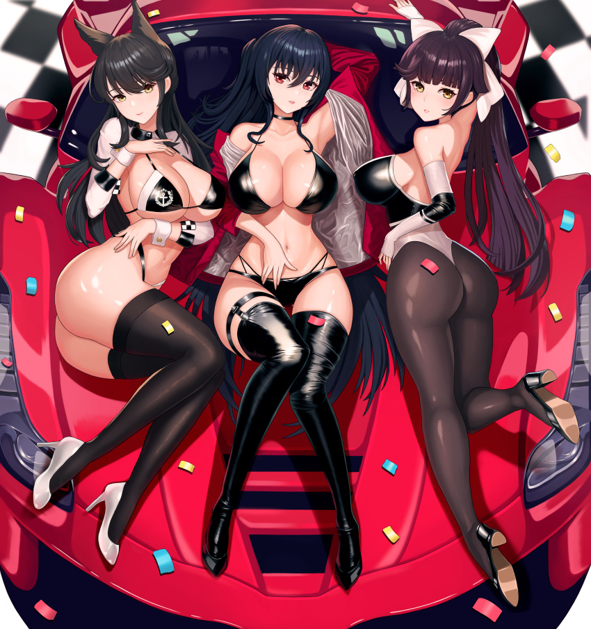 3girls absurdres animal_ears armpits ass atago_(azur_lane) atago_(stunning_speedster)_(azur_lane) azur_lane bangs bikini black_choker black_hair bodystocking bow breasts checkered_flag choker cleavage confetti crossed_bangs dog_ears elbow_gloves extra_ears fingerless_gloves flag gloves hair_bow hair_ears hair_flaps high_heels highleg highleg_bikini highres jacket large_breasts long_hair lying multi-strapped_bikini multicolored_leotard multiple_girls multiple_straps official_alternate_costume open_clothes open_jacket ponytail race_queen rakuri_(rwrn5475) red_eyes red_jacket ribbon shrug_(clothing) sitting_on_car sleeve_cuffs swept_bangs swimsuit taihou_(azur_lane) taihou_(enraptured_companion)_(azur_lane) takao_(azur_lane) takao_(full_throttle_charmer)_(azur_lane) thigh_strap two-tone_bikini two-tone_leotard unitard white_bow white_ribbon