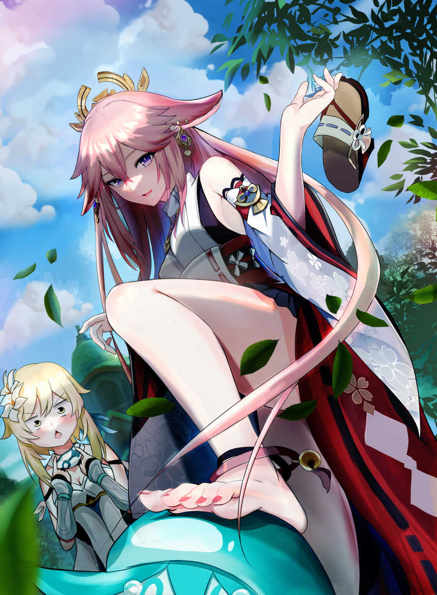 2girls :o absurdres animal_ears ankle_bell ankle_strap bangs bare_legs bare_shoulders barefoot blonde_hair blush breasts cherry_blossom_print crossed_bangs detached_sleeves dress earrings feet fingerless_gloves floppy_ears floral_print flower foot_on_head fox_ears fungi_(genshin_impact) genshin_impact gloves hair_between_eyes hair_flower hair_ornament highres holding holding_clothes holding_footwear japanese_clothes jewelry leg_up long_hair looking_at_another lumine_(genshin_impact) medium_breasts multiple_girls nail_polish nontraditional_miko open_mouth outdoors parted_lips pink_hair pink_nails pointing pointing_at_self purple_eyes shirt shoes shoes_removed short_hair_with_long_locks sideboob sleeveless sleeveless_shirt smile stepped_on take_(ozzzryo) thighs toenail_polish toenails toes turtleneck very_long_hair white_dress white_flower white_shirt white_sleeves wide_sleeves yae_miko yellow_eyes