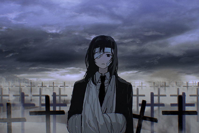 1girl arm_sling bandage_on_face bandage_over_one_eye bandaged_arm bandaged_head bandages black_hair black_jacket black_necktie chainsaw_man cloud cloudy_sky collared_shirt cross dark dark_clouds evening fog formal graveyard highres himeno_(chainsaw_man) jacket looking_at_viewer medium_hair messy_hair necktie shinamoku00 shirt sky solo suit tombstone white_shirt