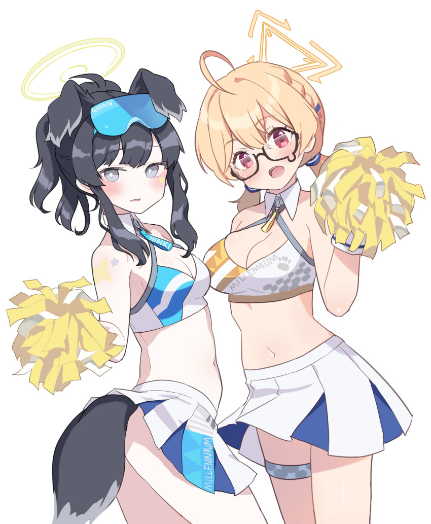 2girls absurdres ahoge animal_ears bangs bare_shoulders black-framed_eyewear black_hair blonde_hair blue_archive blush breasts cleavage cowboy_shot crop_top detached_collar dog_ears dog_girl dog_tail glasses goyain grey_eyes halo hibiki_(blue_archive) hibiki_(cheerleader)_(blue_archive) highres holding holding_pom_poms kotori_(blue_archive) kotori_(cheerleader)_(blue_archive) long_hair looking_at_viewer looking_to_the_side low_twintails medium_breasts midriff miniskirt multiple_girls navel open_mouth pom_pom_(cheerleading) ponytail red_eyes semi-rimless_eyewear skirt small_breasts tail twintails white_background white_skirt