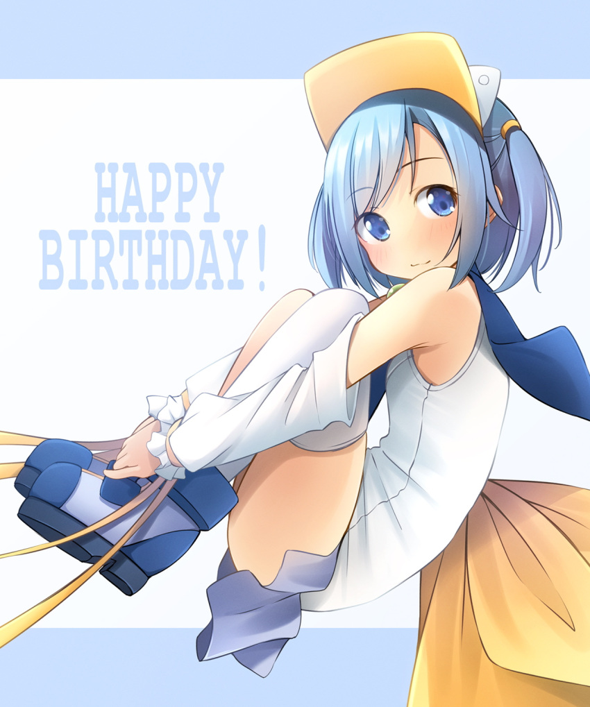 1girl bangs bare_shoulders blue_background blue_eyes blue_footwear blue_hair blush boots closed_mouth commentary_request detached_sleeves from_side happy_birthday highres hugging_own_legs long_sleeves looking_at_viewer looking_to_the_side moetan old_school_swimsuit one-piece_swimsuit pastel_ink school_swimsuit shibacha single_thighhigh smile solo swept_bangs swimsuit thighhighs thighhighs_under_boots twintails two-tone_background visor_cap white_background white_one-piece_swimsuit white_sleeves white_thighhighs yellow_headwear