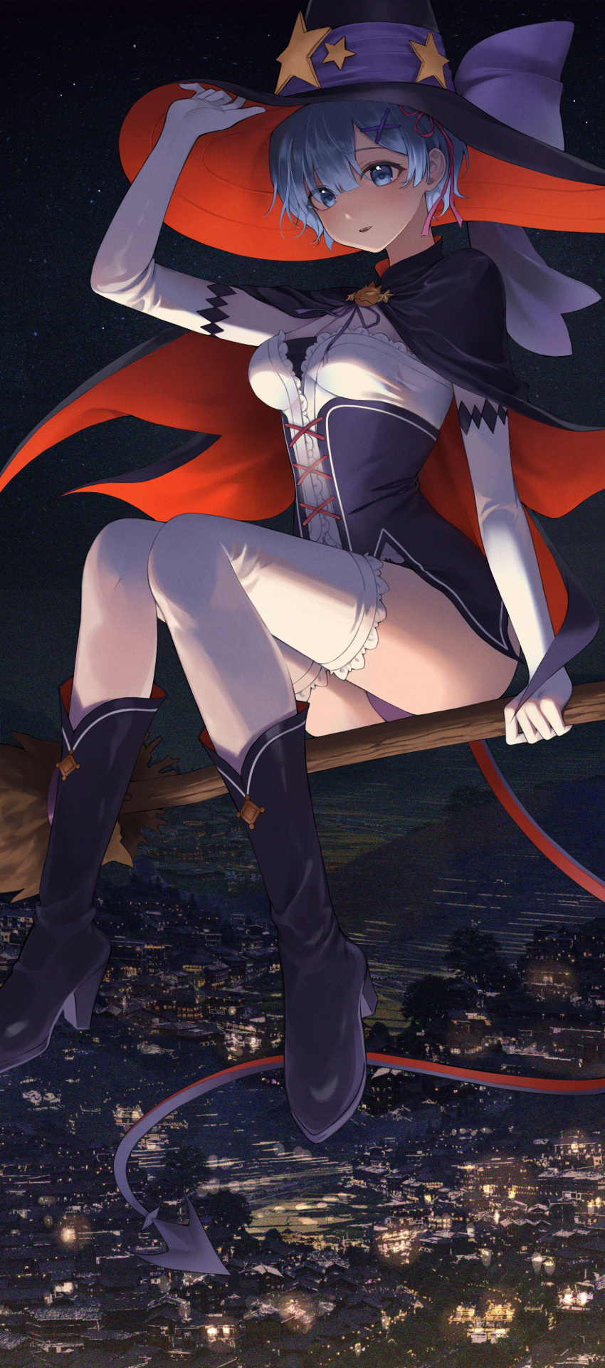 1girl absurdres alternate_costume blue_eyes blue_hair boots breasts broom broom_riding cape city_lights cityscape corset elbow_gloves gloves hand_on_headwear hat highres medium_breasts night night_sky outdoors panties pantyshot parted_lips purple_panties re:zero_kara_hajimeru_isekai_seikatsu rem_(re:zero) short_hair sky solo star_(sky) starry_sky thighhighs underwear white_gloves white_thighhighs witch witch_hat yeorem