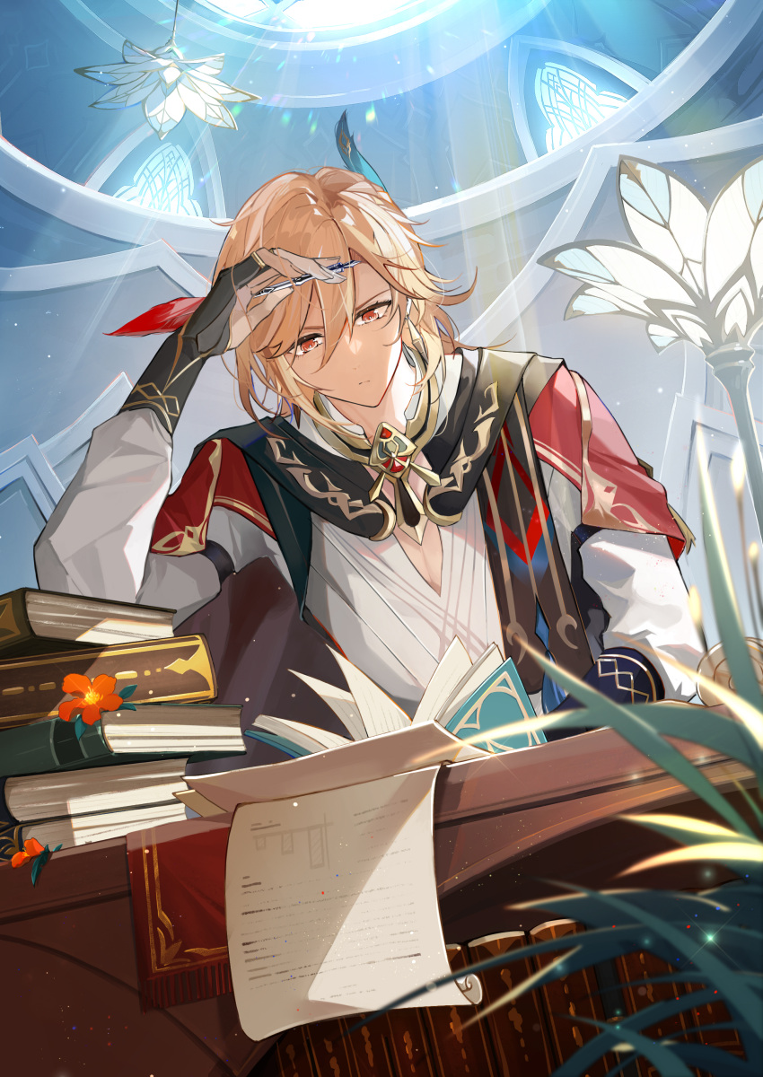 1boy absurdres black_gloves blonde_hair book closed_mouth feather_hair_ornament feathers flower genshin_impact gloves hair_between_eyes hair_ornament highres holding holding_pen holding_quill kaveh_(genshin_impact) long_sleeves male_focus medium_hair pen quill red_eyes red_flower suyako_(suya93)