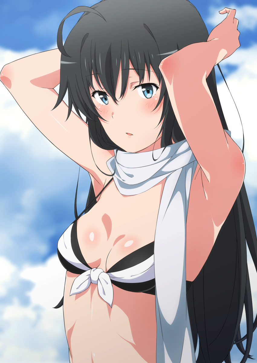 1girl absurdres ahoge arms_up bangs bikini black_hair blue_eyes blue_sky blush breasts cloud commentary_request day highres long_hair looking_at_viewer shou937 sidelocks sky small_breasts solo swimsuit upper_body yahari_ore_no_seishun_lovecome_wa_machigatteiru. yukinoshita_yukino