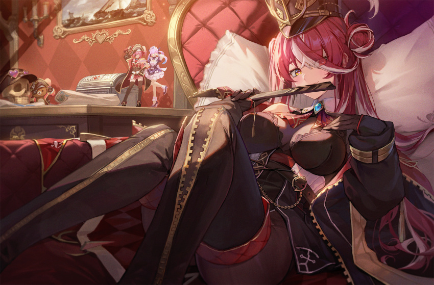 black_gloves black_thighhighs closed_mouth eyes_visible_through_hair f.k_(hs225kr) gloves hair_bun hair_over_one_eye hat heterochromia highres hololive houshou_marine long_hair long_sleeves looking_at_viewer minato_aqua objectification on_bed see-through_cleavage shako_cap smile thighhighs virtual_youtuber