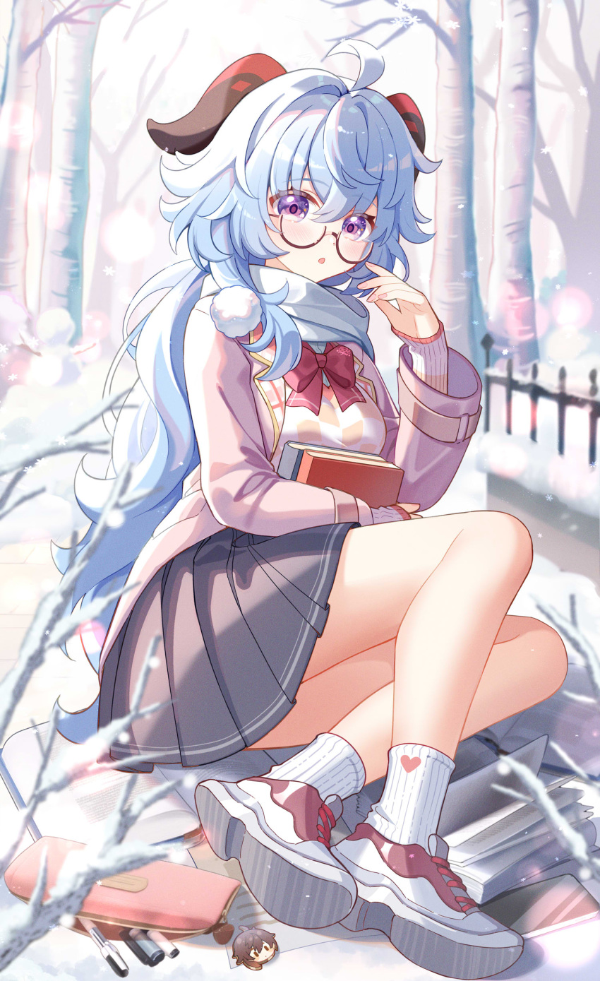 1girl :o absurdres ahoge alternate_costume bangs blue_hair book bow bowtie cellphone chinese_commentary commentary_request contemporary crossed_legs full_body ganyu_(genshin_impact) genshin_impact glasses goat_horns gou_lianlian_dogface grey_skirt hair_between_eyes hand_up highres horns jacket leaning_to_the_side long_hair long_sleeves looking_at_viewer open_clothes open_jacket paid_reward_available paper parted_lips pencil_case phone pink_jacket pleated_skirt pom_pom_(clothes) red_bow red_bowtie ribbed_shirt round_eyewear scarf school_uniform semi-rimless_eyewear shirt shoes sidelocks skirt sleeves_past_wrists smartphone sneakers snow snowman solo thighs tree white_scarf winter zhongli_(genshin_impact)