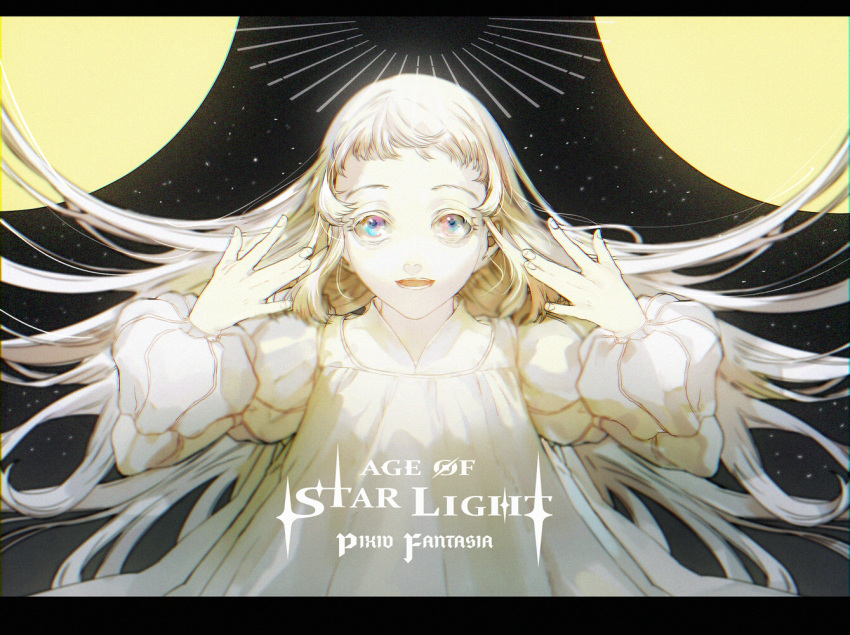 1girl :o amrta_(pixiv_fantasia_age_of_starlight) bangs black_background blonde_hair character_name copyright_name dress hands_up long_sleeves looking_at_viewer onitobico pixiv_fantasia pixiv_fantasia_age_of_starlight puffy_long_sleeves puffy_sleeves solo white_dress