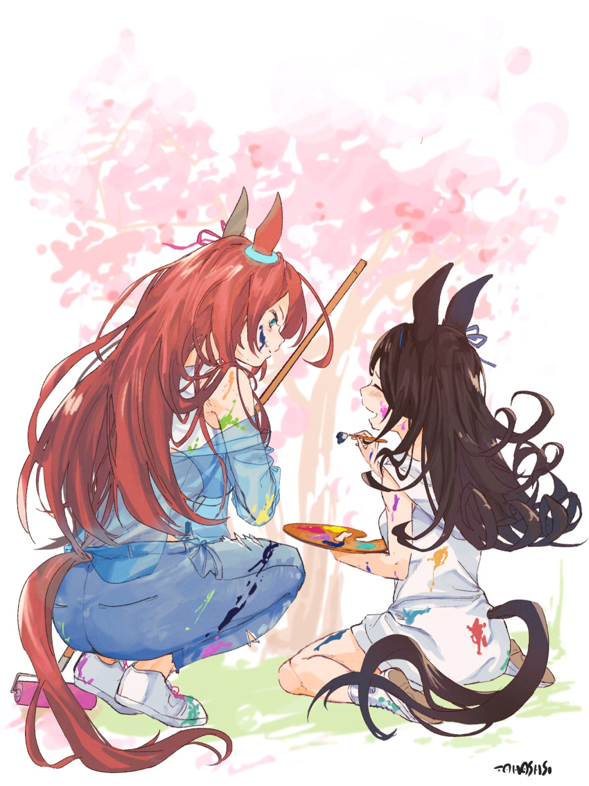 2girls animal_ears blue_eyes brown_hair closed_mouth denim highres holding holding_paintbrush holding_palette hood hoodie horse_ears horse_girl horse_tail jacket jeans kneehighs long_hair mihono_bourbon_(umamusume) multiple_girls open_mouth paint_on_clothes paint_roller paint_splatter paint_splatter_on_face paintbrush painting_(action) palette_(object) pants rice_shower_(umamusume) see-through see-through_jacket shoes sitting sleeveless sleeveless_hoodie sneakers socks squatting tail tail_through_clothes tanahashi_beiko tank_top umamusume wariza white_footwear white_hoodie