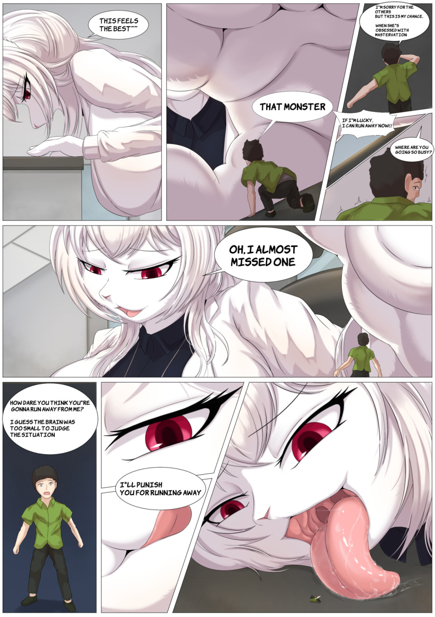 2022 anthro bodily_fluids clothed clothing comic dialogue digital_media_(artwork) duo english_text extreme_size_difference eyebrows eyelashes female fingers hair hi_res human imminent_vore lagomorph leporid mammal micro open_mouth rabbit saliva size_difference son2j text tongue tongue_out white_hair