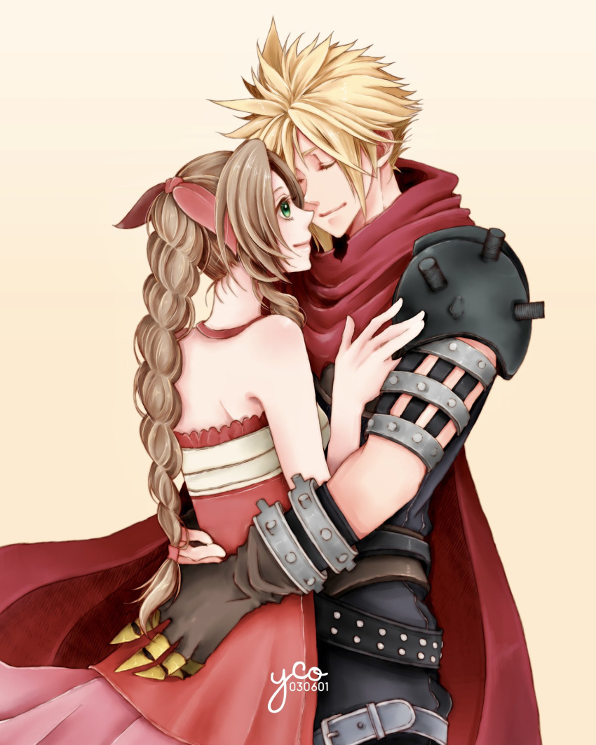 1boy 1girl aerith_gainsborough armor arms_around_waist artist_name bangs bare_arms bare_shoulders blonde_hair braid braided_ponytail brown_gloves brown_hair cloak closed_eyes cloud_strife couple cowboy_shot dated dress final_fantasy final_fantasy_vii gloves green_eyes hair_ribbon halter_dress halterneck hand_on_another's_chest hetero highres kingdom_hearts kingdom_hearts_ii long_dress long_hair multicolored_clothes multicolored_dress official_alternate_costume parted_bangs pink_dress red_cloak red_dress red_ribbon ribbon short_hair shoulder_armor sidelocks smile spiked_hair thigh_strap torn_cloak torn_clothes wavy_hair white_dress yco_030601 yellow_background