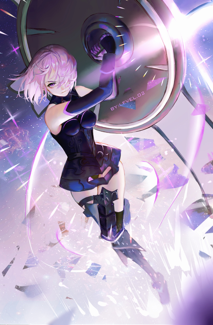 1girl absurdres armor armored_boots armored_leotard black_leotard black_thighhighs boots breasts breasts_apart closed_mouth dutch_angle elbow_gloves fate/grand_order fate_(series) faulds floating_hair gloves hair_over_one_eye highres holding holding_shield leg_up leotard level02 looking_at_viewer mash_kyrielight medium_breasts pink_eyes pink_hair purple_gloves shield shiny shiny_hair short_hair solo standing standing_on_one_leg thigh_boots thigh_strap thighhighs
