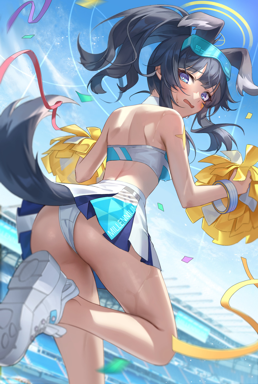 1girl absurdres animal_ears ass black_hair blue_archive blue_eyes dog_ears dog_girl dog_tail from_behind hibiki_(blue_archive) hibiki_(cheerleader)_(blue_archive) highres jyuma looking_at_viewer looking_back official_alternate_costume open_mouth panties pom_pom_(cheerleading) ponytail short_hair solo tail underwear white_panties