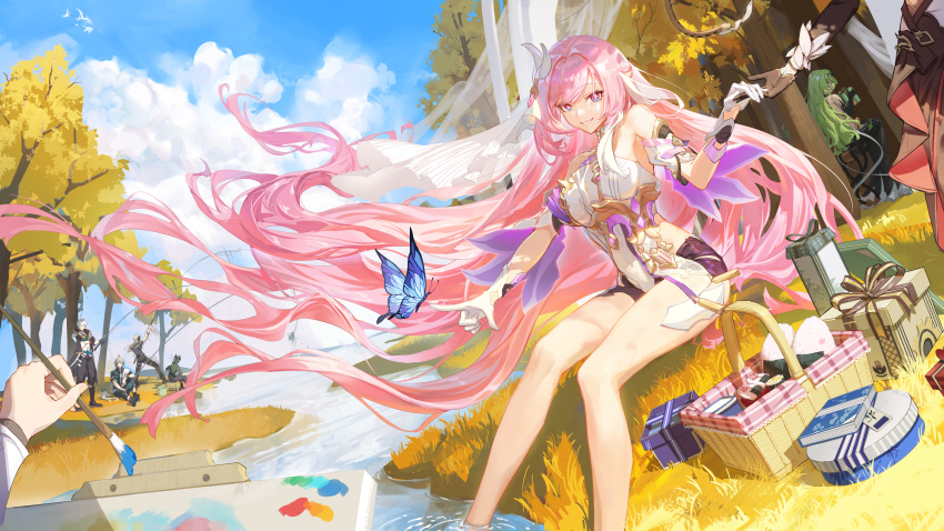 4boys 4girls :d absurdres bangs bare_shoulders black_dress blue_butterfly blue_sky box breasts bug butterfly canvas_(object) cloud cloudy_sky dress eden_(honkai_impact) elf elysia_(herrscher_of_human:ego)_(honkai_impact) elysia_(honkai_impact) ether.b fishing fishing_rod food full_body gift gift_box gloves grass green_hair grin griseo hair_ornament highres holding holding_brush holding_fishing_rod honkai_(series) honkai_impact_3rd horns kalpas_(honkai_impact) kevin_kaslana kosma large_breasts long_hair long_sleeves looking_at_viewer mobius_(honkai_impact) multiple_boys multiple_girls on_floor onigiri outdoors picnic pink_eyes pink_hair pointy_ears pov purple_dress sitting sky smile standing su_(honkai_impact) teeth tree veil wading water wavy_hair white_dress white_gloves