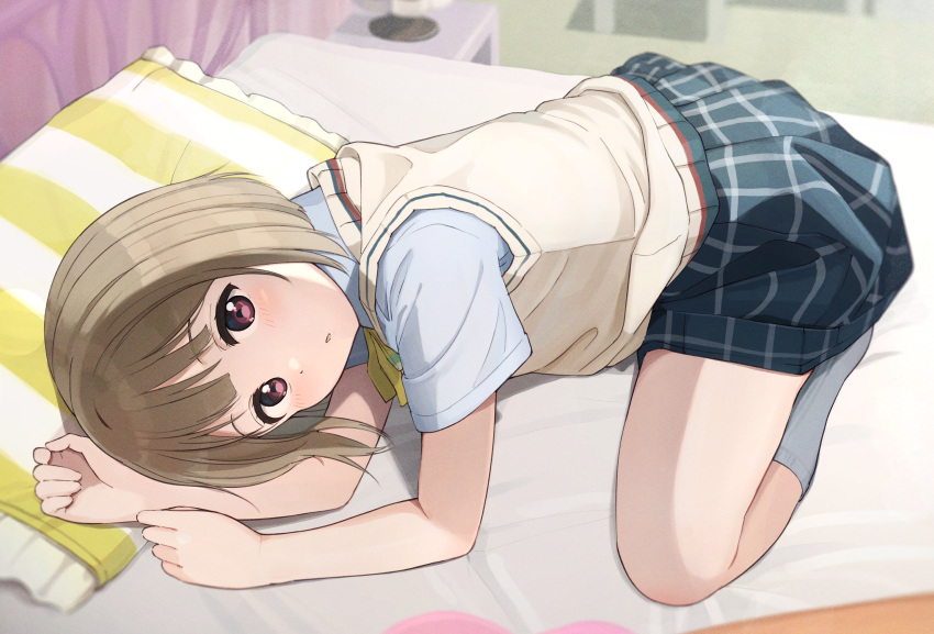 1girl absurdres asymmetrical_hair bed_sheet blush bob_cut cardigan commentary frilled_pillow frills highres light_brown_hair looking_at_viewer looking_up love_live! love_live!_superstar!! lying nakasu_kasumi on_bed on_side parted_lips pillow red_eyes school_uniform short_hair solo tata_(tataice) yellow_cardigan yuigaoka_school_uniform