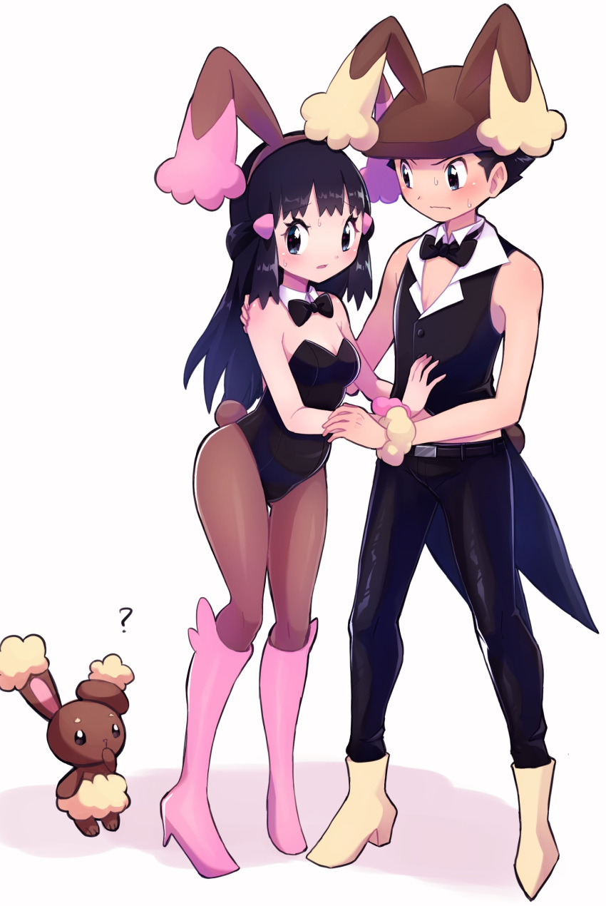 1girl absurdres animal_ears black_bow black_bowtie black_eyes black_hair black_leotard black_pants black_vest blush boots bow bowtie breasts brown_hairband brown_headwear brown_pantyhose buneary cleavage closed_mouth dawn_(pokemon) detached_collar fake_animal_ears fake_tail full_body hair_ornament hairband hairclip hand_on_another's_shoulder hat highres knee_boots leotard long_hair lucas_(pokemon) open_mouth pants pantyhose pink_footwear pink_scrunchie pokemon pokemon_(game) pokemon_dppt pokemon_ears sawarabi_(sawarabi725) scrunchie shadow shiny shiny_hair short_hair simple_background small_breasts standing strapless strapless_leotard sweatdrop tail vest white_background white_scrunchie wrist_scrunchie