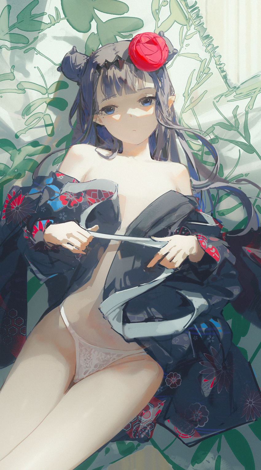 1girl bangs bare_legs bare_shoulders blue_eyes blunt_bangs closed_mouth dino_(dinoartforame) double_bun hair_bun hair_ornament highres hololive hololive_english japanese_clothes kimono legs lingerie looking_at_viewer ninomae_ina'nis open_clothes open_kimono panties purple_hair solo underwear undressing virtual_youtuber white_panties