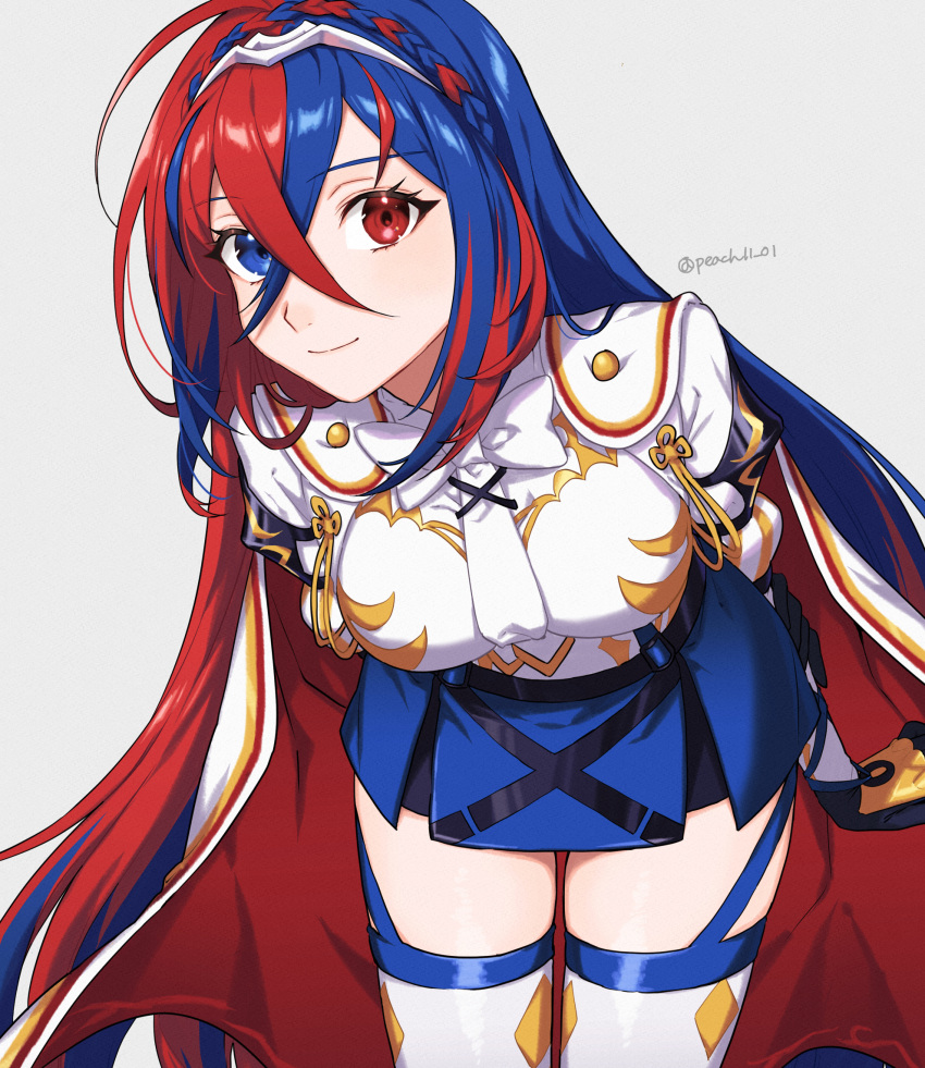 1girl alear_(fire_emblem) alear_(fire_emblem)_(female) armor arms_behind_back bangs blue_eyes blue_hair blush braid breasts crossed_bangs crown_braid duplicate fire_emblem fire_emblem_engage gloves heterochromia highres jewelry long_hair looking_at_viewer medium_breasts multicolored_hair peach11_01 red_eyes red_hair smile solo split-color_hair thigh_trap thighs tiara two-tone_hair very_long_hair