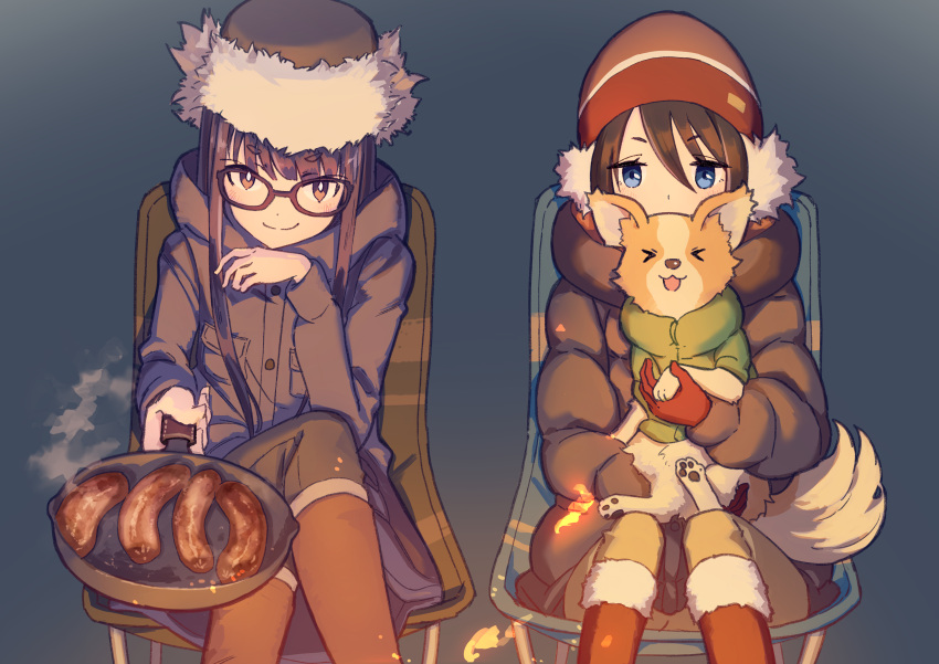 2girls absurdres animal beanie blue_eyes boots brown_hair chair chikuwa coat dog fire food frying_pan glasses hat highres holding holding_animal holding_frying_pan long_hair looking_at_viewer michinoku_(hiking_miusan18) multiple_girls oogaki_chiaki purple_eyes purple_hair saitou_ena short_hair sitting smile winter_clothes yurucamp