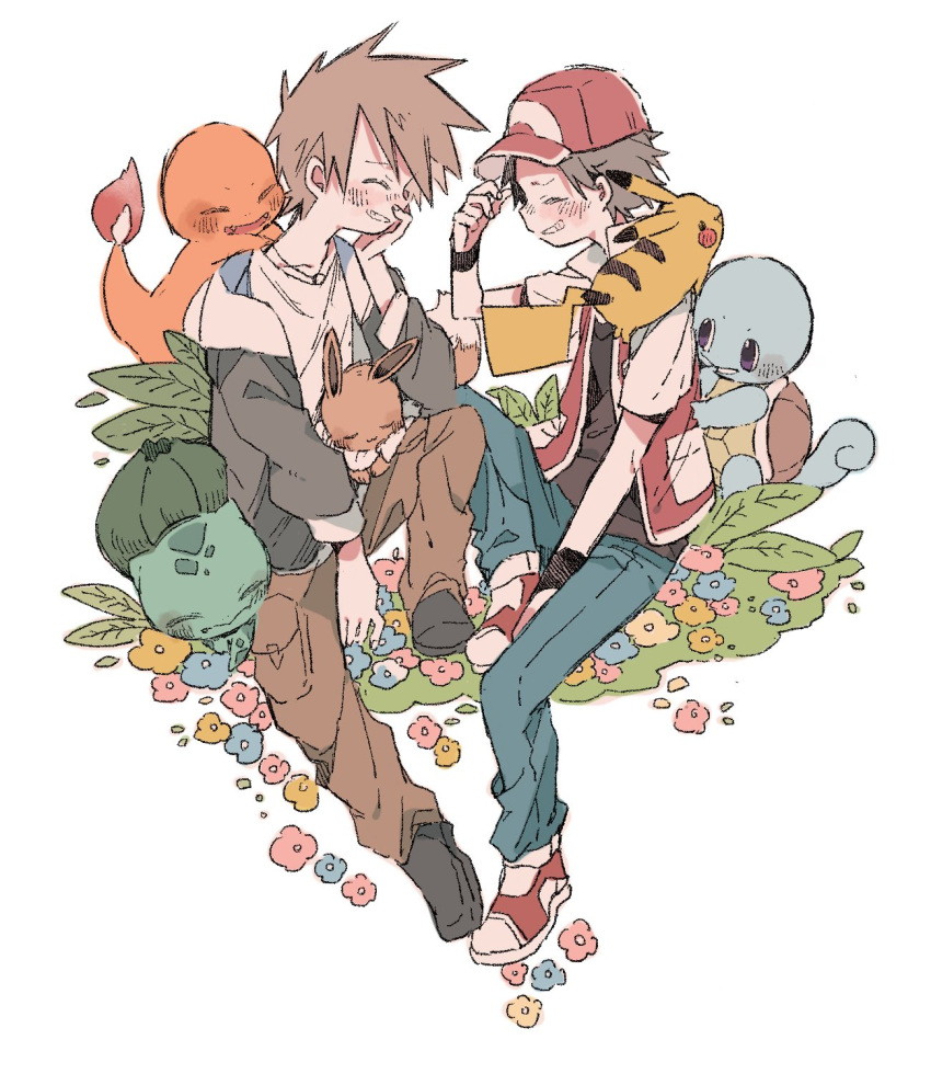 2boys adjusting_clothes adjusting_headwear baseball_cap black_footwear black_hair black_shirt blue_oak blue_pants brown_hair brown_pants bulbasaur charmander closed_eyes denim eevee face-to-face flame-tipped_tail flower friends grass grey_jacket grin hand_on_own_face hat hazime highres hug hug_from_behind jacket jacket_on_shoulders jeans lying multiple_boys on_back on_lap pants pikachu pokemon pokemon_(game) pokemon_rgby red_(pokemon) red_footwear red_headwear red_jacket shirt shoes short_sleeves sitting sleeping smile sneakers spiked_hair squirtle starter_pokemon_trio white_shirt wristband