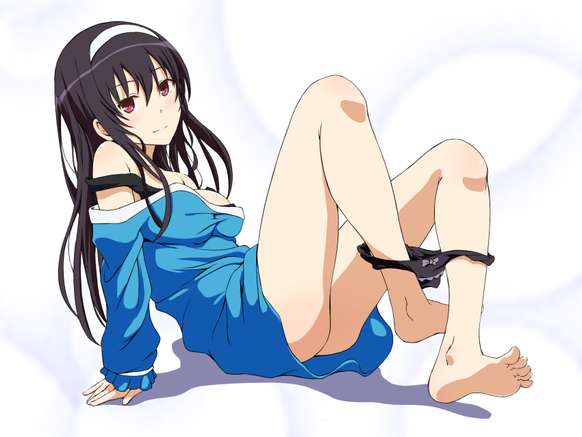 1girl arm_support bangs barefoot black_hair black_panties blue_dress breasts closed_mouth dress hair_between_eyes hairband highres hugimosi kasumigaoka_utaha leaning_back long_hair long_sleeves medium_breasts off-shoulder_dress off_shoulder panties panty_pull red_eyes saenai_heroine_no_sodatekata shiny shiny_hair short_dress smile soles solo strap_slip underwear white_hairband