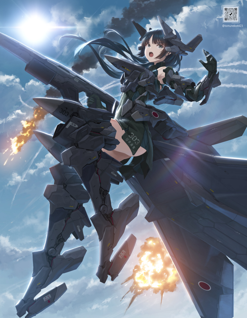 1girl :o bare_shoulders battle black_hair black_skirt boots check_copyright cloud cloudy_sky commentary_request copyright_request elbow_gloves explosion flying gloves grey_eyes gun highres holding holding_gun holding_weapon long_hair mecha_musume open_mouth personification qr_code rifle sentou_yousei_yukikaze skirt sky solo sun teeth thigh_boots tom-neko_(zamudo_akiyuki) upper_teeth weapon