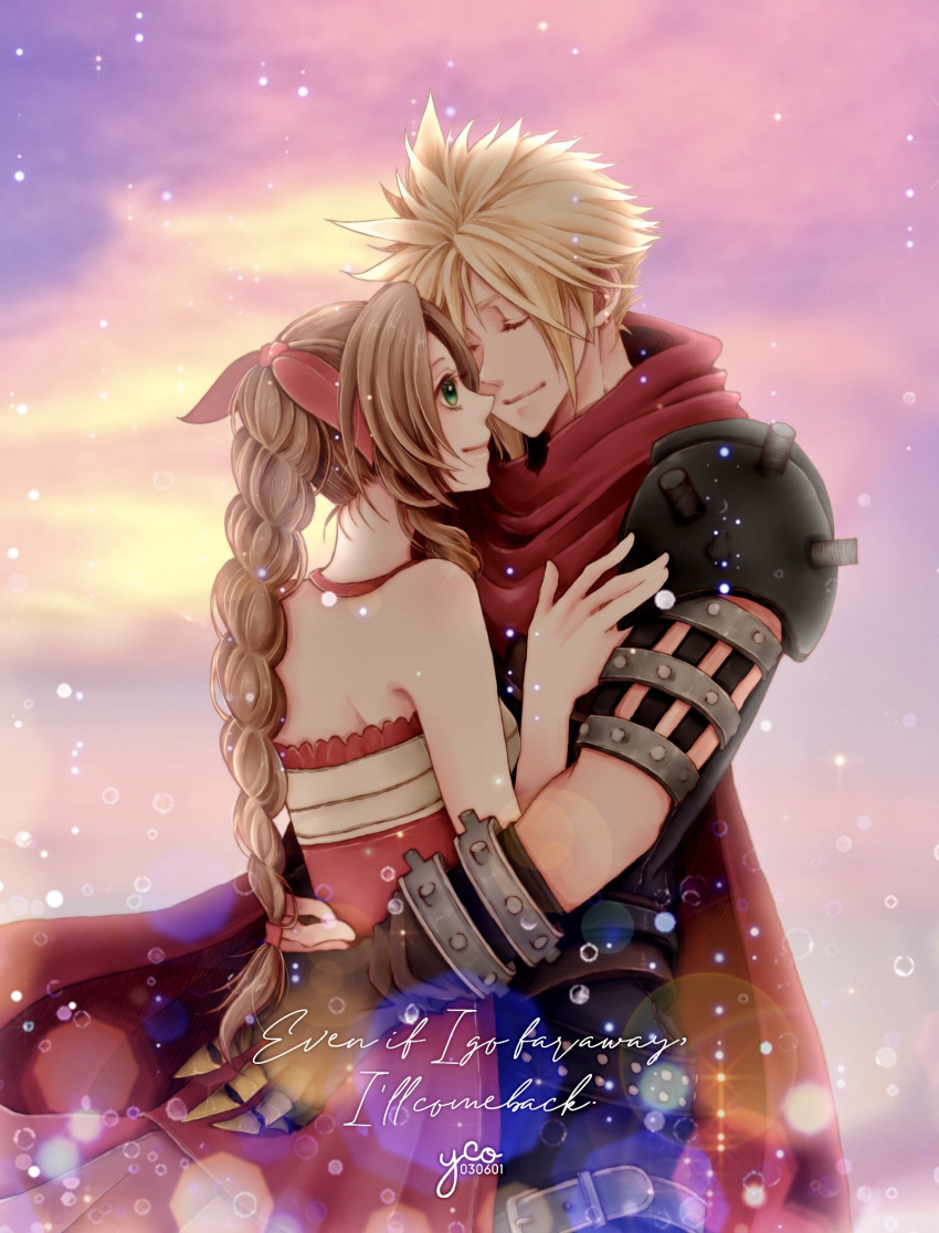 1boy 1girl aerith_gainsborough armor arms_around_waist artist_name bangs bare_arms bare_shoulders blonde_hair braid braided_ponytail brown_gloves brown_hair cloak closed_eyes cloud_strife couple cowboy_shot dated dress english_text final_fantasy final_fantasy_vii gloves green_eyes hair_ribbon halter_dress halterneck hand_on_another's_chest hetero highres kingdom_hearts kingdom_hearts_ii long_dress long_hair multicolored_clothes multicolored_dress official_alternate_costume outdoors parted_bangs pink_dress red_cloak red_dress red_ribbon ribbon short_hair shoulder_armor sidelocks smile sparkle spiked_hair thigh_strap torn_cloak torn_clothes wavy_hair white_dress yco_030601
